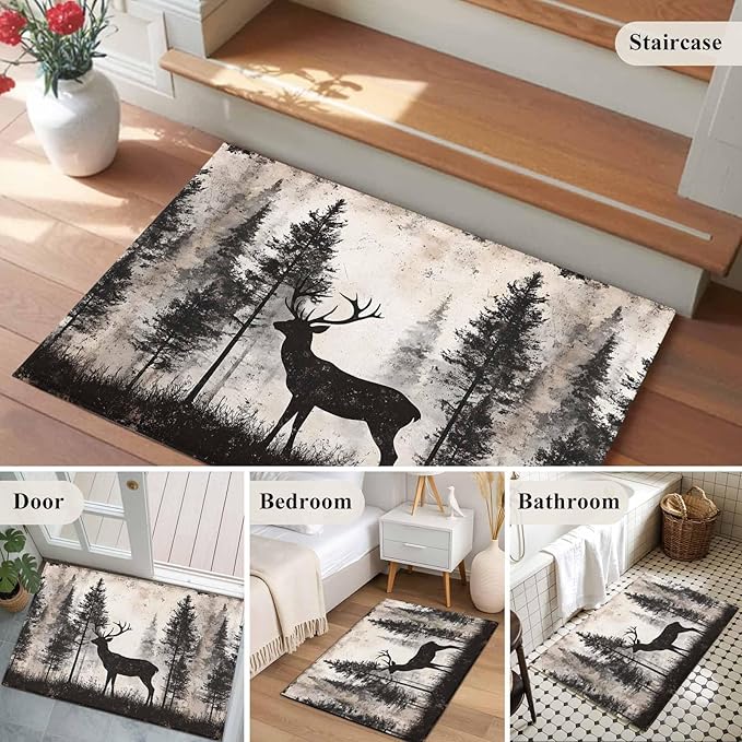 Elk Entryway Rug 2'x3', Deer Silhouette Small Area Rug Non-Slip Front Door Mat Washable Floor Carpet for Indoor Entrance Kitchen Bathroom