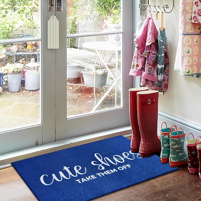 Outdoor Welcome Mat for Funny Outside Home Entry Mats Cute Shoes Take Them Off Entryway for Bedroom Shoe Scraper Non Slip Mats for Front Home Door Outside Blue