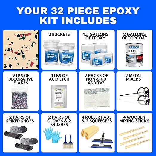 ArmorPoxy Garage Epoxy Floor Kit – 100% Solids - 2 Part Industrial-Grade Coating w/UltraGlaze Topcoat | DIY Slip & Hot Tire Resistant | 900 Sq Ft - Desert Tan - 32 pc kit