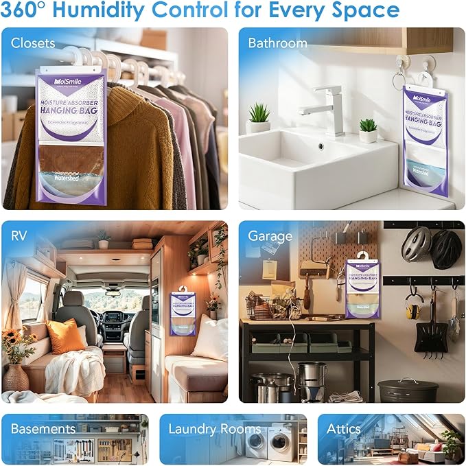 Hanging Moisture Absorbers 6 Pack Net Wt. 17.5oz/Pack, Lavender Fragrance Closet Dehumidifier Bags, Odor Eliminator & Humidity Absorber, Humidity Packs for Bathroom, Bedroom, Basement, Car, RV & Boat