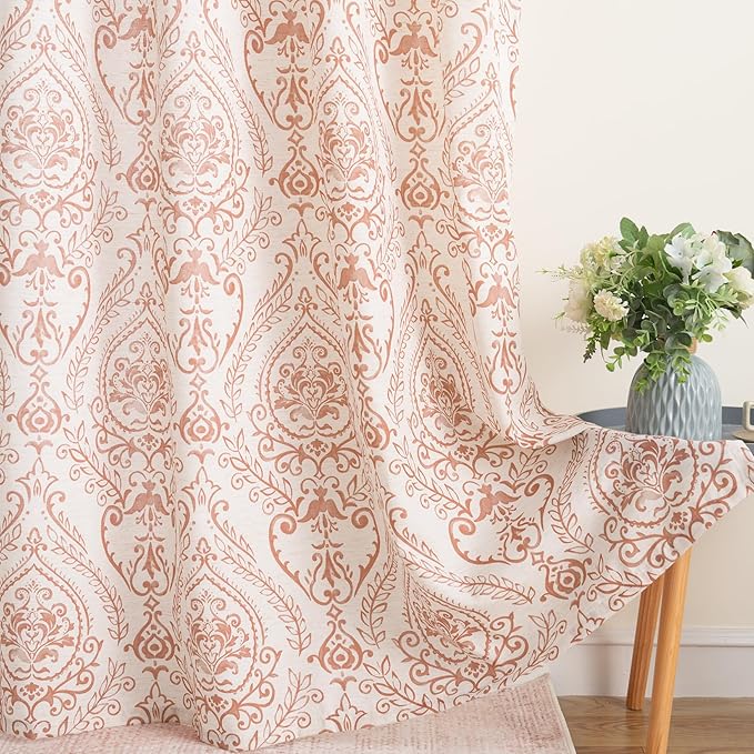 LAMIT Cafe Linen Curtains 45 inch Length for Small Windows, Light Filtering Semi Sheer Linen Curtains Grommet Vintage Damask Flower Pattern Drapes for Kitchen, 2 Panels, 34 x 45 Inch, Terracotta