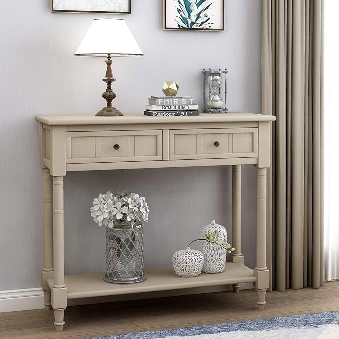 Knocbel 35.5 Inch Antique Entry Console Table with Drawers & Bottom Open Shelf, Solid Wood Sofa Couch Table for Entryway Hallway Living Room (Retro Grey)