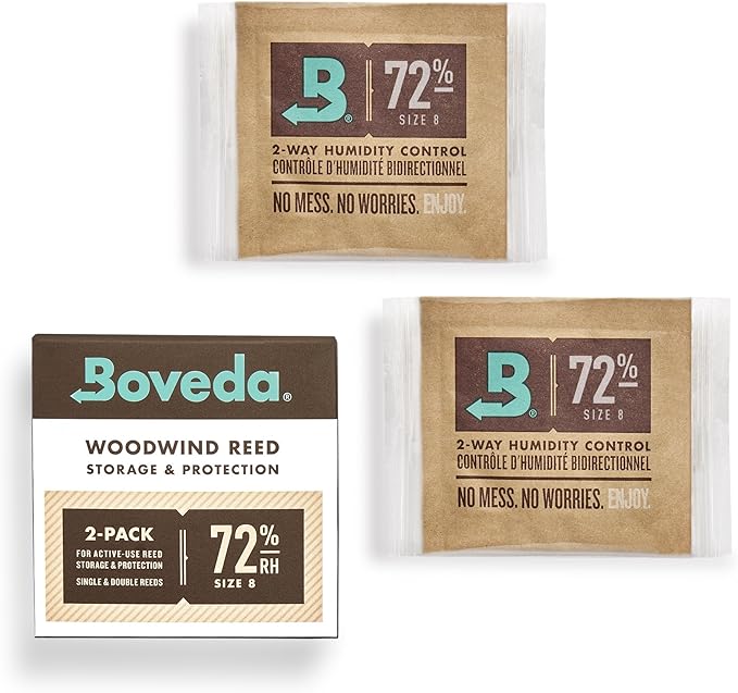 Boveda 72% Two-Way Humidity Control Packs for Woodwind Reeds – Size 8 – 2 Pack – Moisture Absorbers – Protects Against Drying & Splitting – Individually Wrapped Reed Humidifiers for Day-to-Day Storage