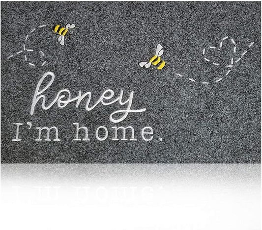 Funny Bee Doormat Honey I'm Home Cute Door Mat Welcome Mats for Front Door Kitchen Rugs Indoor Porch Outdoor Non Slip Durable Rubber Mats Grey Floor Rugs for Outside Entry Farmhouse
