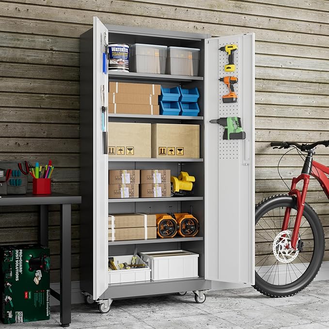 Reemoon 71" H Garage Storage Cabinet with Wheels, Lockable Metal Storage Cabinet with Doors,5 Adjustable Shelves and Pegboard for Garage Home Utility Room,Required Assembly,Grey&White
