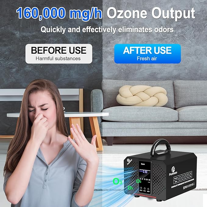Smart Ozone Generator 160,000 mg/h Ozone Machine with Dual Mode & Digital Timer, Ozone Odor Eliminator for Cars, Home, Basements, Rooms, Kitchens, Smoke, Pet, Farm, Musty Smells