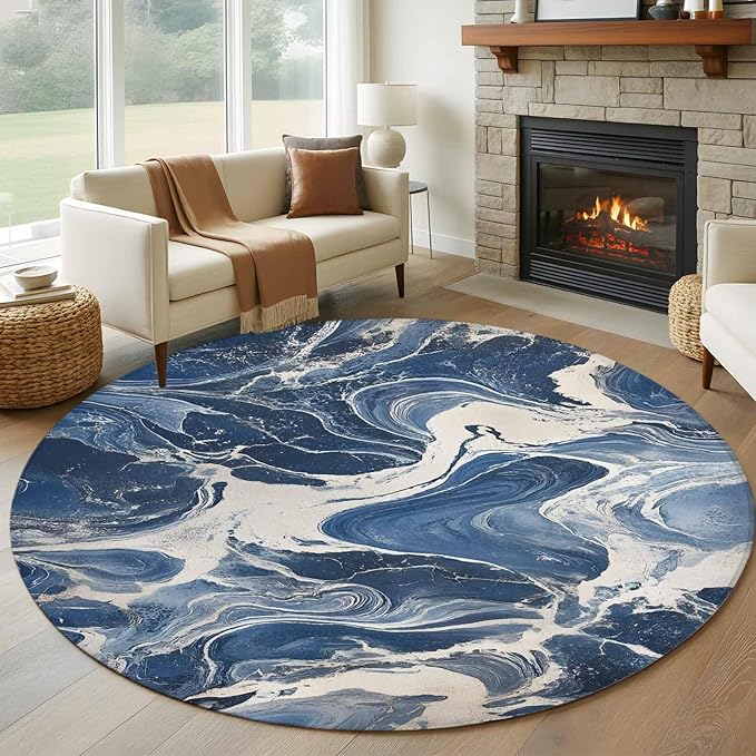 Impressionist Style Round Rug 6 Ft, White Blue Blurred Wash Circle Area Rugs Washable Non Slip Indoor Floor Mats Carpet for Living Room Bedroom Dining Room Home Decor