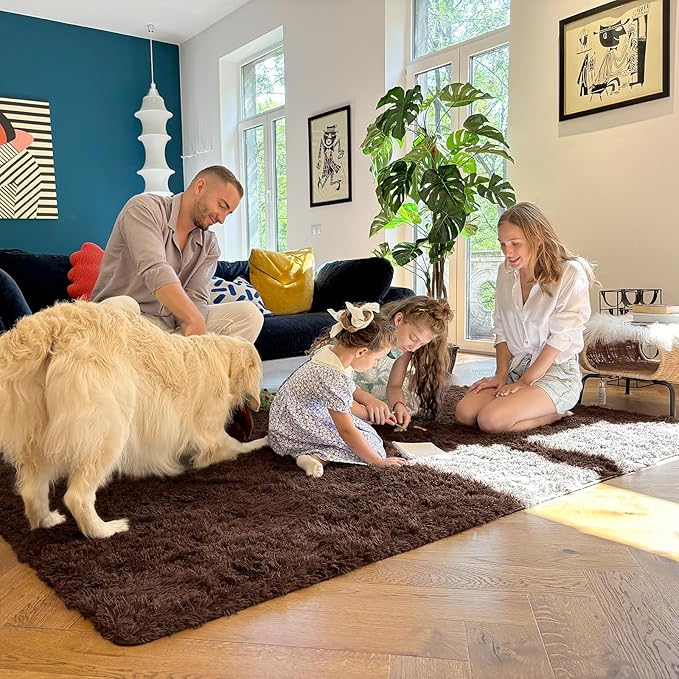 OLANLY 7x8 Machine Washable Large Area Rugs for Living Room, Bedroom, Soft Fluffy Shaggy Bedside Rug, Indoor Floor Carpet for Kids Girls and Boys, Dorms, Nursery, Home Decor Aesthetic, Coffee