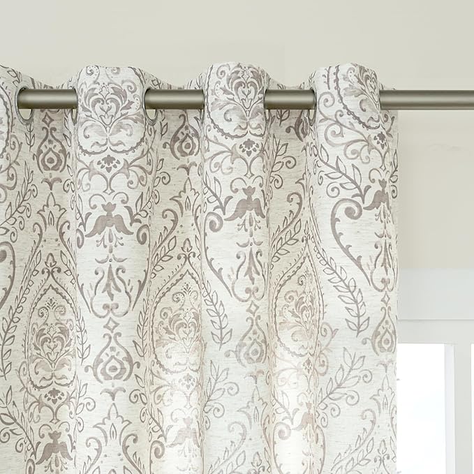 LAMIT Linen Curtains 40 inch Length for Small Windows, Light Filtering Semi Sheer Linen Curtains Grommet Vintage Damask Flower Pattern Drapes for Half Windows/Cafe, 2 Panels, 34 x 40 Inch, Taupe