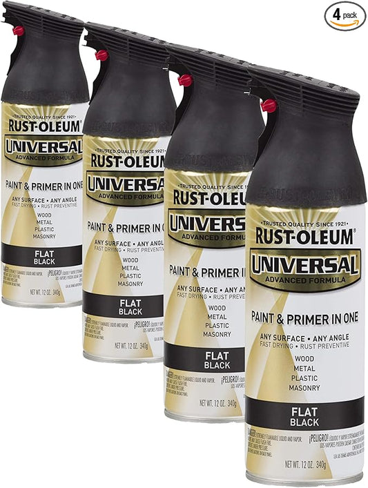 Rust-Oleum 245198 Universal All Surface Spray Paint, 12 oz, Flat Black (Pack of 4)