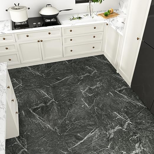 Wallercity 5PCS Black Marble Vinyl Flooring Peel and Stick Floor Tiles for Bathroom Stick on Tile Floor Stickers Self-Adhesive Waterproof Non-Slip Flooring Tile Sheets for Balcony Kitchen 12''x12''
