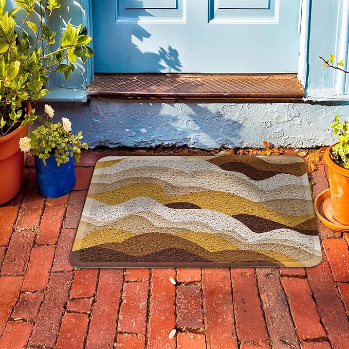 Welcome Door Mat Brown Orange Gradient Waves,Non-Slip Floor Doormat Outdoor Indoor Patio Rug Pad Ocean Spray,Heavy Duty Duraloop Mesh Dirt Mud Trapper for Entryway Kitchen