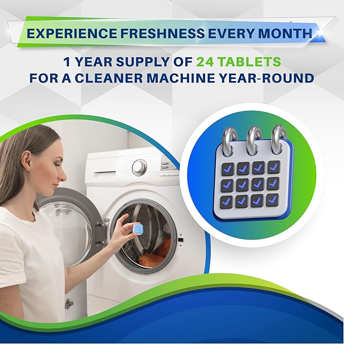 Washing Machine Cleaner Tablets, 24 Pack–Deep Cleaning Tablets for Top & Front Load HE Washer Cleaners, Descaler & Deodorizer, Septic Safe, Cleans Drum, Tub, Seal & All Internal Parts
