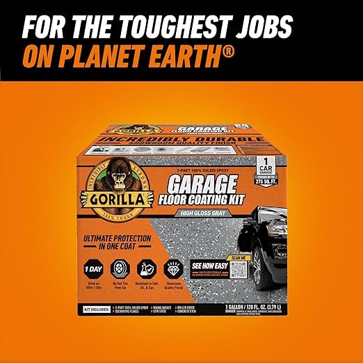 Gorilla Epoxy Garage Floor Coating (7 pc) Kit, 1-Car, Concrete Flooring, 100% Solids, Superior Adhesion, Incredibly Durable High Gloss Gray Finish, 275 sq. ft. Coverage