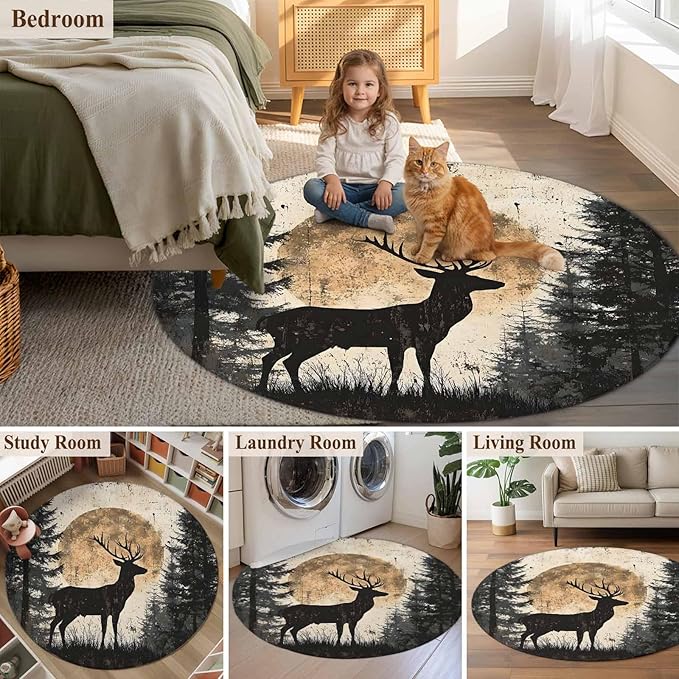 Deer Round Rug 4 Ft, Elk Silhouette Circle Area Rugs Washable Non Slip Indoor Floor Mats Carpet for Living Room Bedroom Dining Room Home Decor