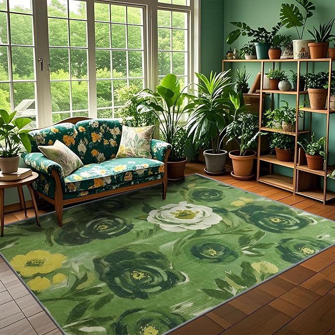 8x10 Camellia Floral Rugs, Modern Washable Flower Pattern Area Rug for Bedroom, Soft Large Non-Slip Kitchen Carpet Floor Door Mat for Living Room Dining Room Office - Green