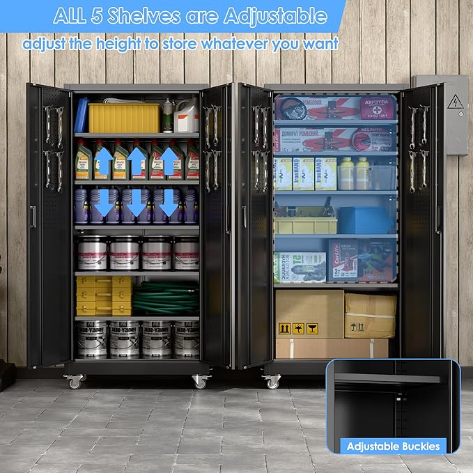 Reemoon Garage Storage Cabinet with Wheels, Metal Storage Cabinet with 5 Adjustable Shelves and Pegboard for Garage Home Utility Room,Required Assembly,Black，71" H×34" W×18" D