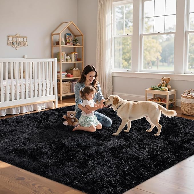 4x6 Area Rug for Living Room:Ultra Soft Fluffy Shag Black Rugs,Large Fuzzy Plush Indoor Non Slip Carpet Washable Rug for Bedroom Kids Nursery Office Dorm Modern Decor(Black 4'x6')