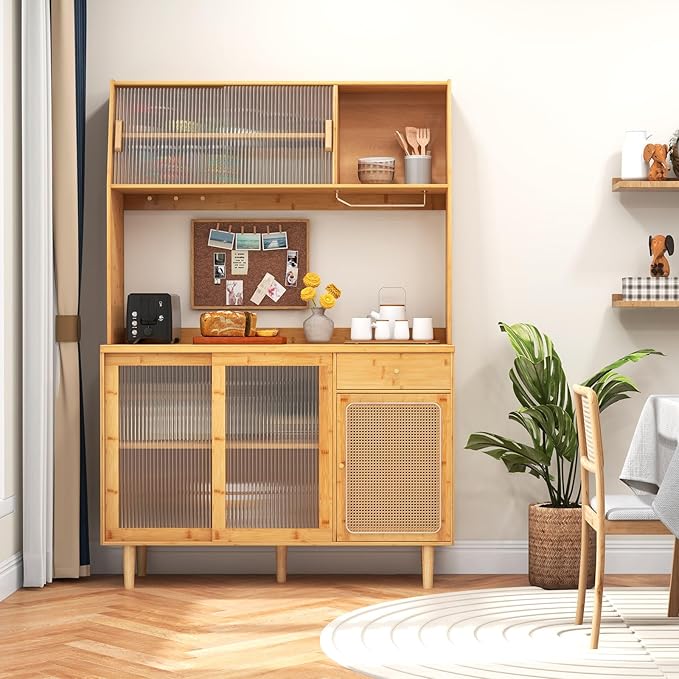 Giantex Pantry Cabinet, 69" Bamboo Hutch Cabinet with Storage, Drawer, Microwave Countertop, Glass Holder, Freestanding Buffet Sideboard with Rattan Door, Tall Cupboard for Kitchen Coffee Bar