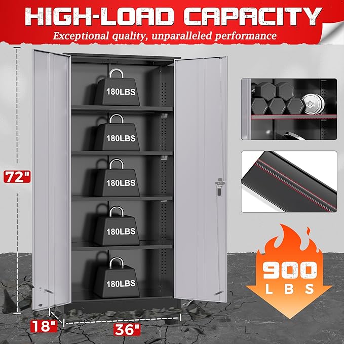 Bonusall 72" Metal Garage Storage Cabinet， Heavy-Duty Steel Cabinet with 2 Locking Doors & 4 Adjustable Shelves for Home, Office