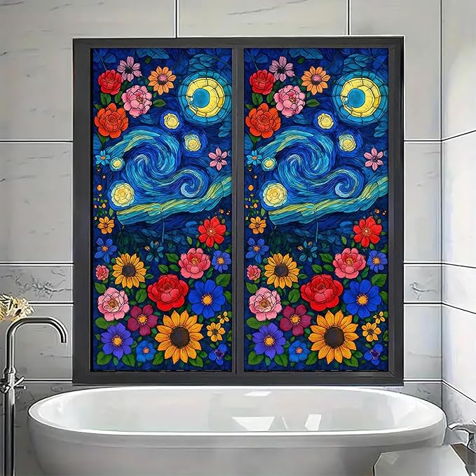 Starry Night Window Film Stained Glass Style Privacy Panel Static Cling Decorative Cover for Door Art Studio Sunroom Bedroom 17.7x39.3 inch