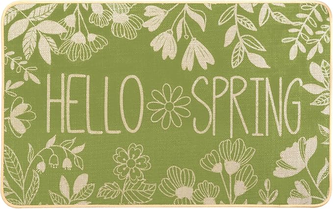 Hello Spring Door Mat Welcome Doormat, Plants Outdoor Rug Leaves Decor Floor Front Door Mat Non-Slip Entrance Mat for Home Kitchen Bathroom Decorations 17 X 29 Inch (Green)
