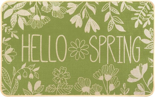 Hello Spring Door Mat Welcome Doormat, Plants Outdoor Rug Leaves Decor Floor Front Door Mat Non-Slip Entrance Mat for Home Kitchen Bathroom Decorations 17 X 29 Inch (Green)
