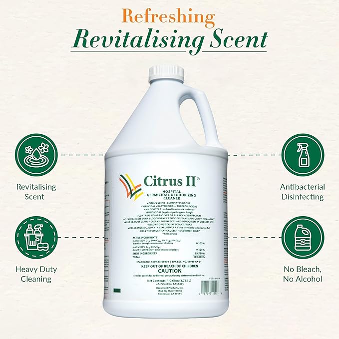 Citrus II Hospital Germicidal Deodorizing Cleaner - Fresh Citrus Scent - 1 Gallon - Refill - Disinfecting Cleaner for Home, Hospital and Office Areas