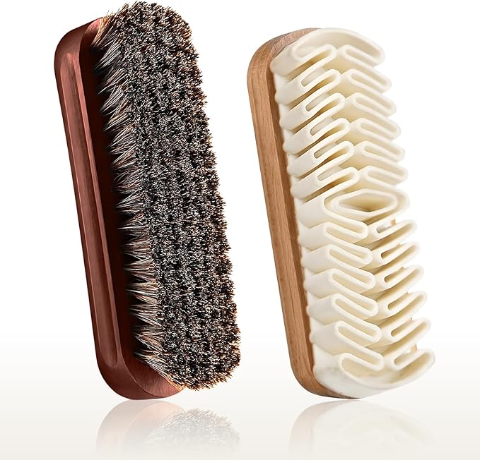 Horsehair Brush & Suede Shoe Brush,Soft Bristles Shoe Cleaning Brush for Polishing Leather, Portable Horse Hair Shine Brush for Boots Handbags Coats Sofa Furniture(2 PCS)