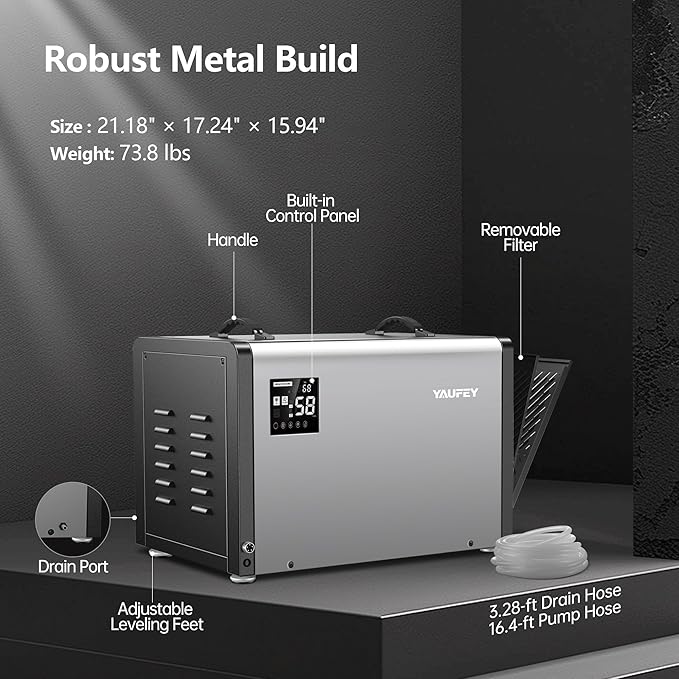 Yaufey 158 Pints Commercial Dehumidifier with Pump and Drain Hose for Crawlspace, Basements, Industrial Space, large room for Space up to 7500 Sq. Ft. - Auto Defrost, 5-Year Quality Coverage