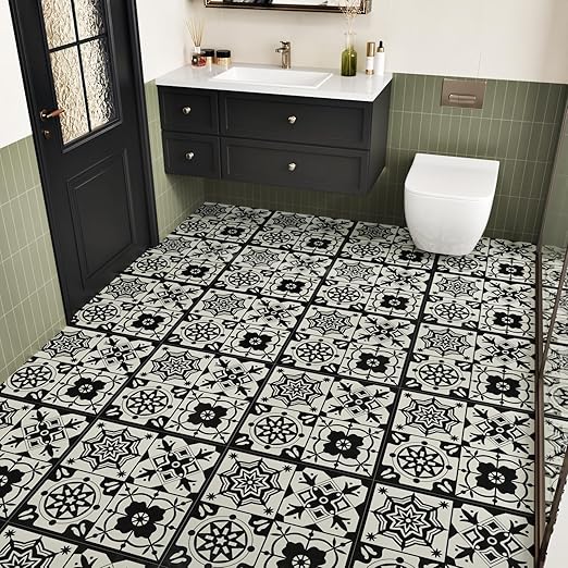 Wallercity Black Floral Peel and Stick Floor Tile for Bathroom Kitchen Vintage Boho Waterproof Floor Stickers Self Adhesive Removable Vinyl Flooring Tiles for Rooms Retro Floral Flooring Sheets 18PCS