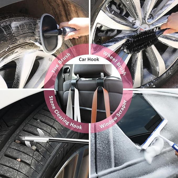 AUTODECO 41Pcs Car Cleaning Wash Kit Interior Detailing Cleaner Kit with High Power Handheld Vacuum, Collapsible Bucket, Windshield Tool, Snow Shovel, Tire Brush, Complete Car Care Tools, Pink