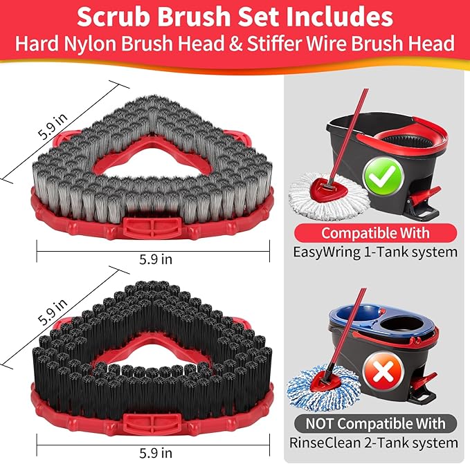 2 Pack Scrub Brush Heads for EasyWring 1-Tank – Stainless Steel & Nylon Bristles, 5.9" Triangular Mop Scrubber for Tile, Bathroom, Kitchen, Deck, Garage Floor Deep Cleaning