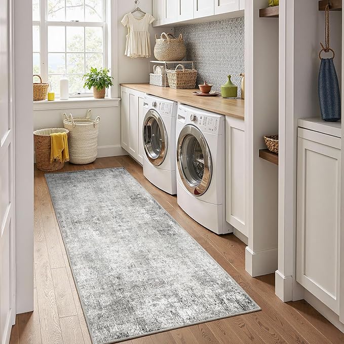 RELEANY Washable Area Rugs 2'x10' Non-Slip Modern Abstract Soft for Living Room Entryway Bedroom Nursery, Print Pattern, Gray White Grey