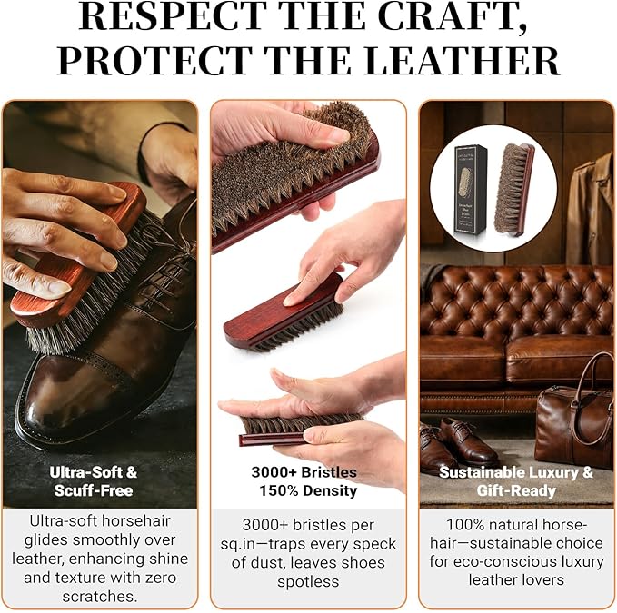 100% 7in Horsehair Shoe Brush Horse Hair Brush for Leather Boots Cleaning Polishing Buffing Shining Professional Shoe Shine Brush for Sneakers Jackets Sofas Bags Furniture Car Seats Leather Care Tool
