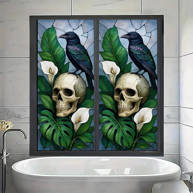 Gothic Raven Skull Privacy Film Static Cling Stained Glass Panel No Glue Decorative Cover for Halloween Door Studio Bathroom Partition 17.7x39.3 inch