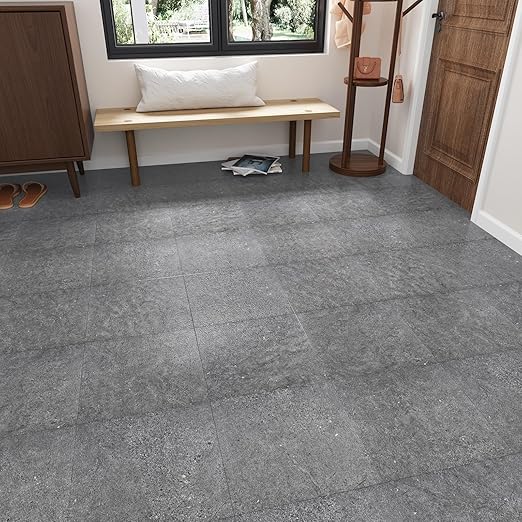 Wallercity Stone Gray Peel and Stick Floor Tiles 12''x12'' Marble Grey Vinyl Flooring Tiles for Bathroom Kitchen Decor Non-Slip Self Adhesive Waterproof Flooing Sheets for Living Room Balcony 16PCS