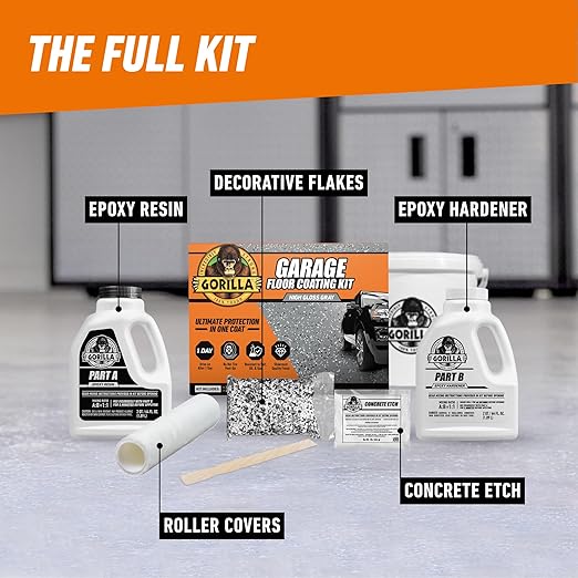 Gorilla Epoxy Garage Floor Coating (7 pc) Kit, 1-Car, Concrete Flooring, 100% Solids, Superior Adhesion, Incredibly Durable High Gloss Gray Finish, 275 sq. ft. Coverage