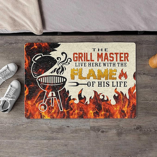 Front Door Mat The Grill Master Live Here with The Flame of His Life, Welcome Flame Home Doormat, Flame Mat, Flame Welcome House Mat Outdoor Doormat 24X16 in
