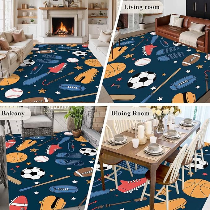 Cartoon Sports 6'x9' Large Area Rugs, Baseball Soccer Basketball Rugby Sneakers Washable Area Rugs Non-Slip Indoor Floor Mats Large Carpet for Living Room Bedroom Dining Room