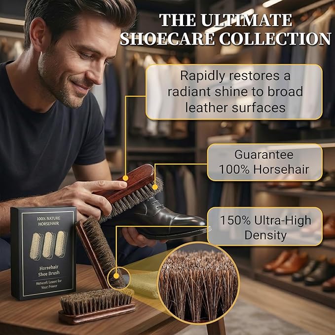 3pcs 7in 100% Horse Hair Shoe Brush for Leather Horsehair Brushes Boots Cleaning Polishing Buffing Shine Professional Cobbler Furniture Sneakers Care Set Suede Jackets Bags Seats Dusting Brushing Tool