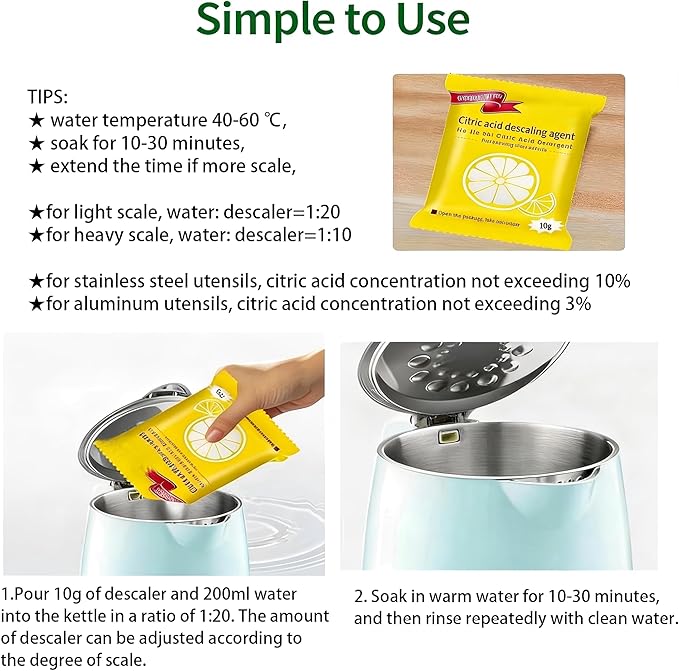Citric Acid Descaling Agent, Food Grade Concentrated Powder, Individually Wrapped Descalers for Kettles, Household Kitchen Appliances, Powerful Limescale Remover, Fast Descaling Clean and Safe (20)