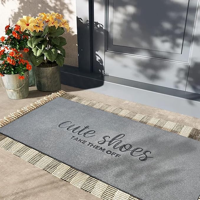 Cute Shoes Take Them Off Welcome Doormat for Front Door Mats Entryway Outdoor Indoor Muddy Washable Durable Rubber Backing for Entry Mat 47x18 Light Grey
