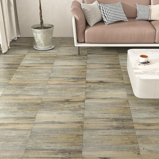 Wallercity Grey/Brown Peel and Stick Wood Floor Tile Waterproof Textured Wood Flooring Tiles 12" x 12" Self Adhesive Laminate Vinyl Sheet Flooring for Bedroom Bathroom RV Stick on Floor Tiles 16PCS