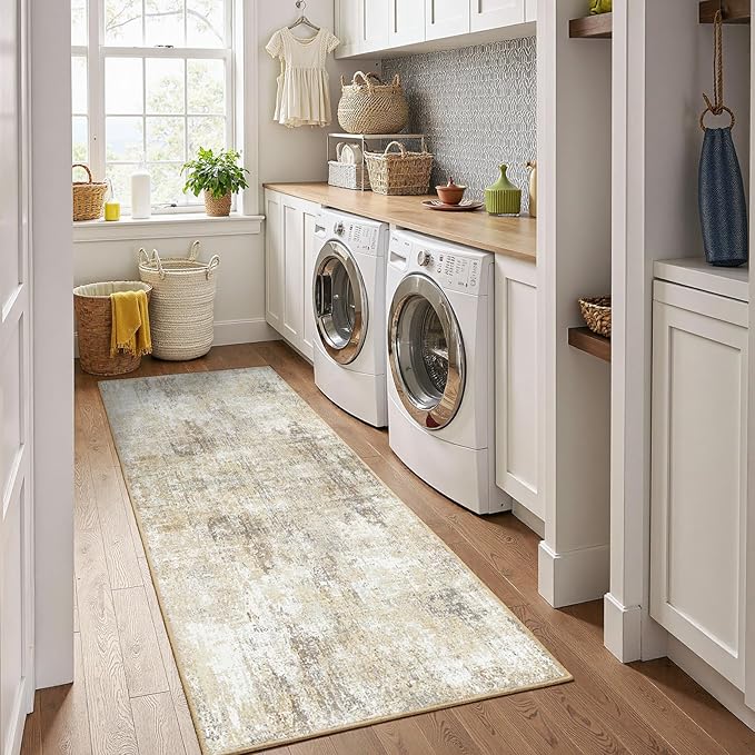 RELEANY Washable Area Rugs 2'x8' Non-Slip Modern Abstract Soft for Living Room Entryway Bedroom Nursery, Print Pattern, Neutral Brown Gray