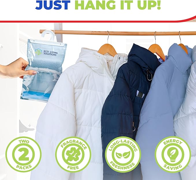 Eco Living Solutions Moisture Absorber Packets, Fragrance Free, Humidity Absorber, Hanging Closet Dehumidifier Bags, Eliminates Odors for Fresher Air, Ideal for Closet