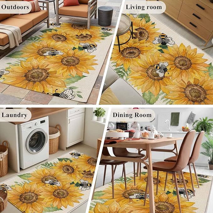 Watercolor Sunflower Cartoon Farmhouse Bee Linen Texture 4'x6' Area Rugs, Washable Area Rugs Non-Slip Indoor Floor Mats Carpet for Living Room Bedroom Dining Room