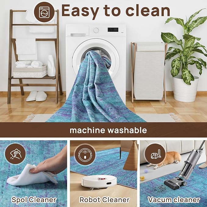 5x8 Area Rugs, Modern Abstract Teal Purple Washable Rug for Living Room, Soft Large Non-Slip Carpet for Bedroom Dining Room Home Office Farmhouse Decor - Teal+Purple