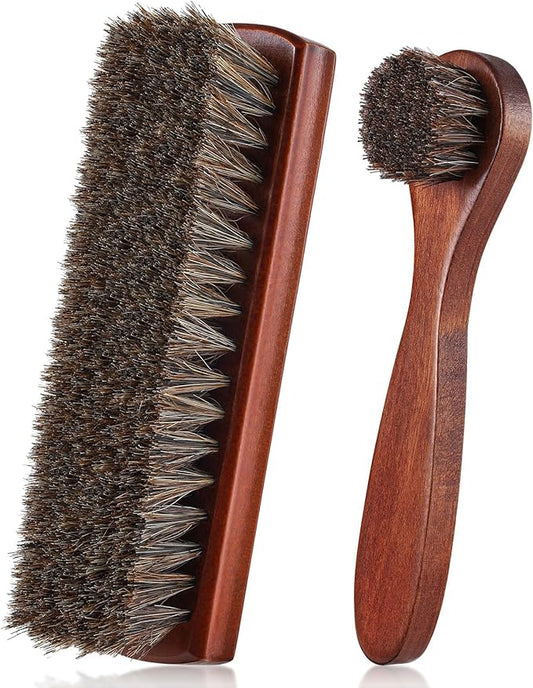 2 Pcs Horsehair Shoe Brush Kit Polishing Daubers Applicators Leather Care Brushes Shine Cleaning Cloth with Case(Shoe Brush Set G)