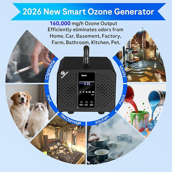 Smart Ozone Generator 160,000 mg/h Ozone Machine with Dual Mode & Digital Timer, Ozone Odor Eliminator for Cars, Home, Basements, Rooms, Kitchens, Smoke, Pet, Farm, Musty Smells